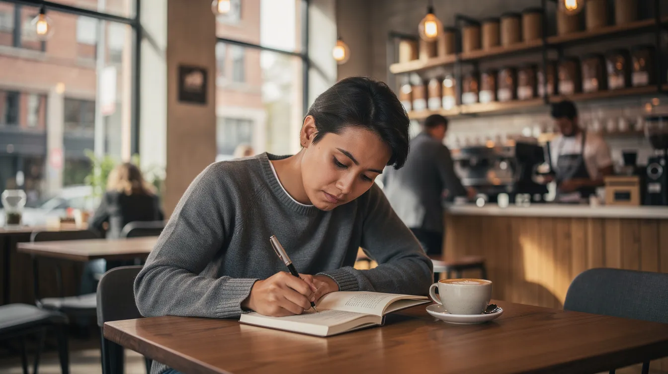 A thoughtful person sits in a modern coffee shop, writing in a journal, reflecting on their life and relationships. The ambiance suggests a safe space for personal growth and emotional intimacy, highlighting the importance of effective communication and mutual respect in building strong relationships.