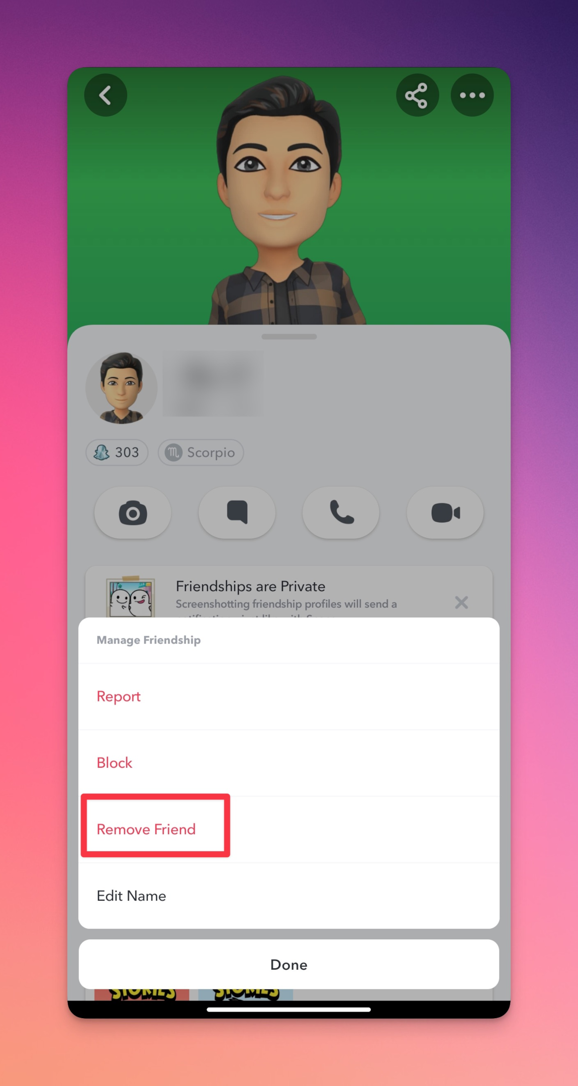 Remote.tools highlighting the Remove friend option to to remove them as friend on Snapchat