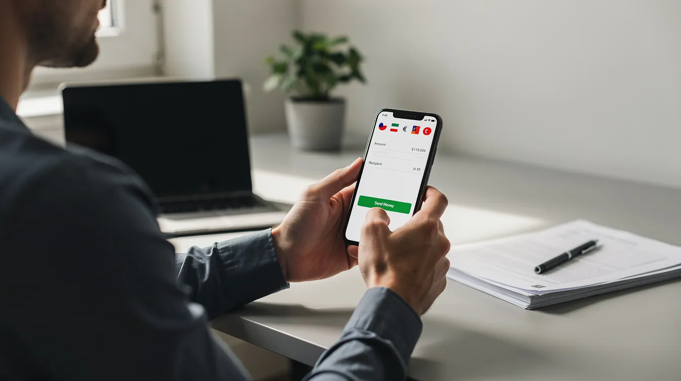 A person is sitting at a desk, focused on their smartphone as they use a money transfer app to send money internationally. The image captures the ease of transferring funds online, highlighting the convenience of using a mobile money account to send money to Cameroon.