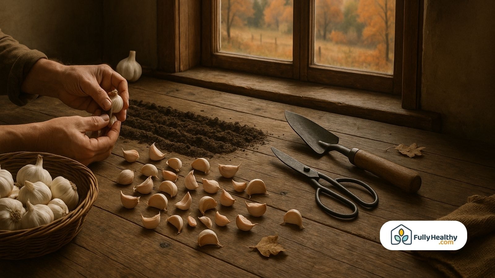 Hands separating garlic cloves on wooden table with gardening tools