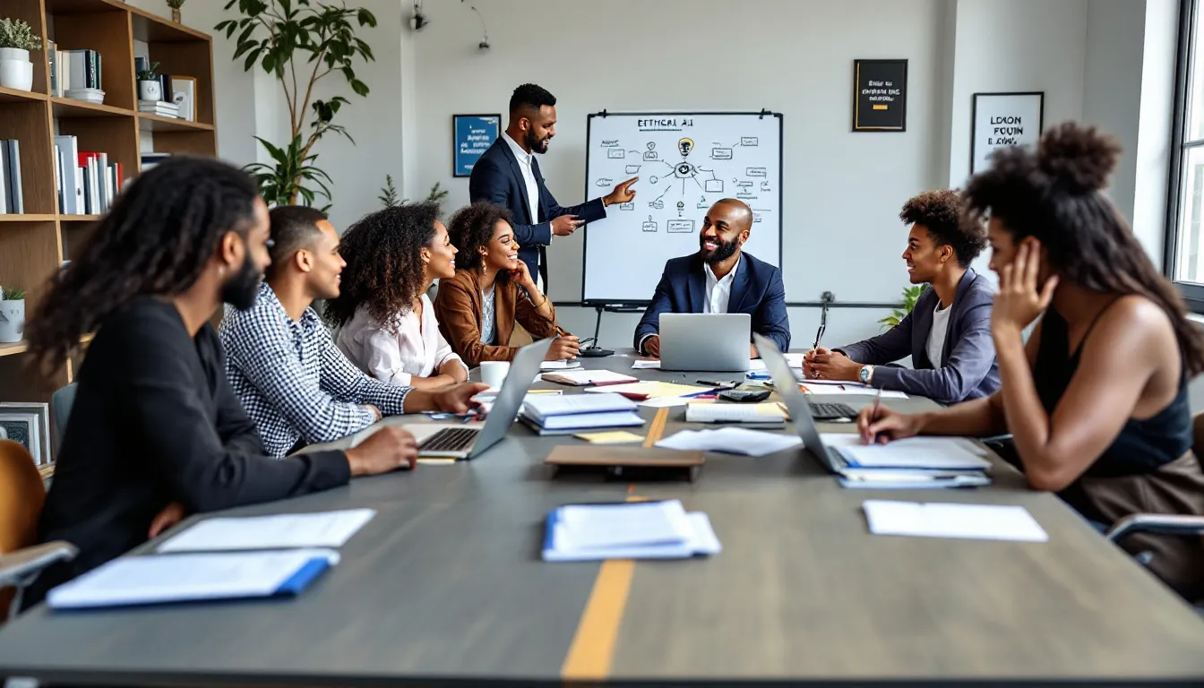 An image depicting a case study on "Implementing Ethical AI Governance" showcases various AI governance frameworks and tools, emphasizing the importance of responsible AI practices and compliance with regulations such as the EU AI Act and GDPR. The visual elements represent AI technologies and highlight effective risk management strategies for AI systems throughout their lifecycle.