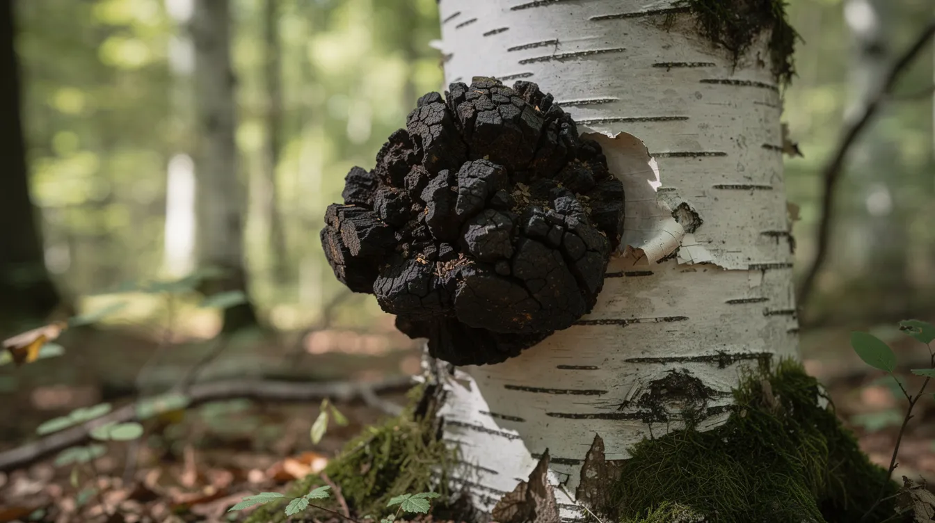 The image depicts a chaga mushroom growing on the bark of a birch tree in a lush forest setting, showcasing its unique dark, irregular shape amidst the natural greenery. This medicinal mushroom is often associated with immune support and is a popular ingredient in mushroom supplements for overall well-being.