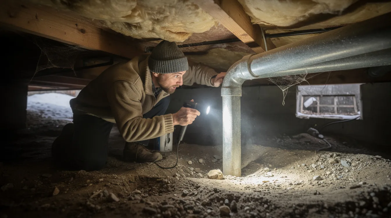 A homeowner is crouched in a residential crawl space during winter, using a flashlight to inspect exposed pipes for potential plumbing problems. The scene suggests urgency, possibly indicating a plumbing emergency that may require immediate attention from an emergency plumbing service to prevent issues like burst pipes or major water leaks.