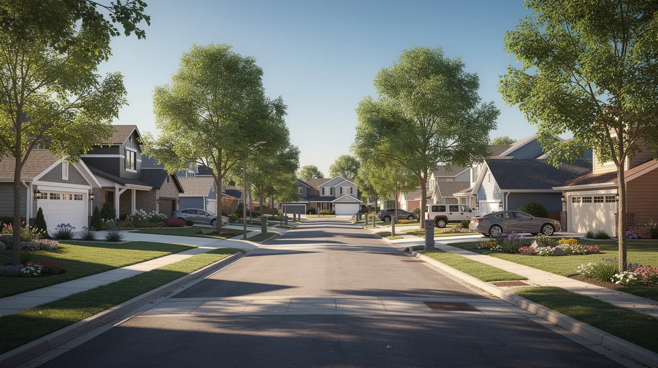 The image depicts a serene suburban street lined with detached single-family homes, each featuring spacious front yards and mature trees, creating a peaceful environment for families. This scene reflects the community-oriented lifestyle found in Canadian cities like Saskatoon, where residents enjoy outdoor living and access to local amenities.