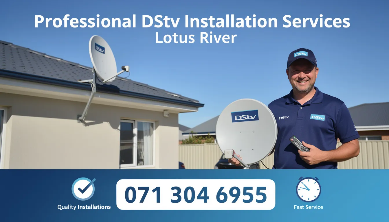 The image showcases a professional DSTV installation service in Lotus River, featuring skilled technicians setting up a satellite dish and connecting a DSTV decoder. The scene emphasizes affordable pricing and top-notch service for customers looking to enhance their entertainment experience.