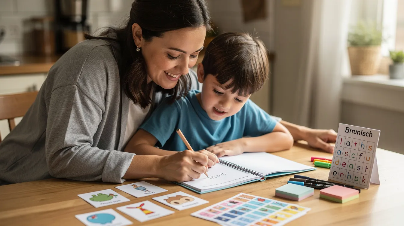 A parent and child are seated at a table, engaged in a writing activity that incorporates visual aids to support the child's learning. This interaction reflects a holistic approach to early intervention, addressing various learning difficulties and fostering the child's development in a nurturing environment.