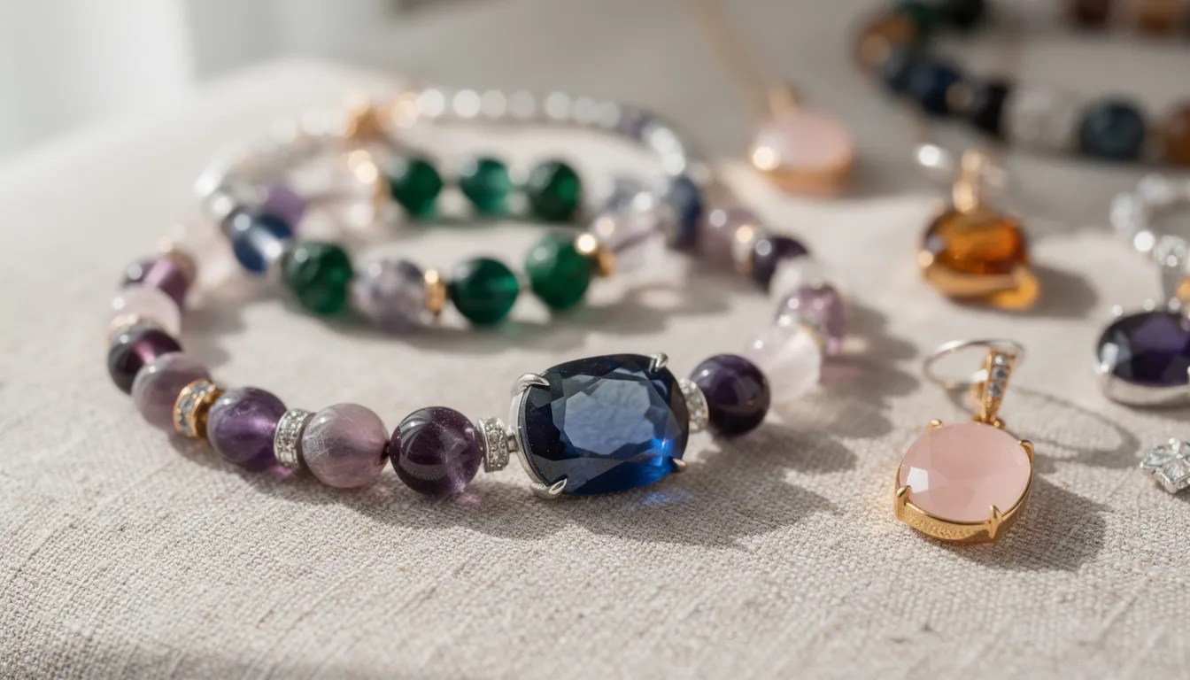 A close-up photograph showcases a variety of colorful gemstone jewelry pieces, including bracelets and pendants, all beautifully arranged on a light linen background. The collection features precious and semi-precious gemstones such as rose quartz, lapis lazuli, and garnet gemstones, reflecting light and highlighting their stunning colors.