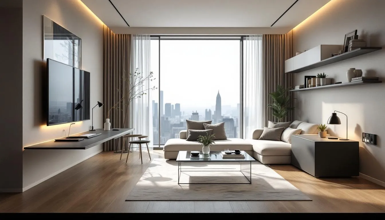 A cozy living room that showcases a multi functional space for work and play.