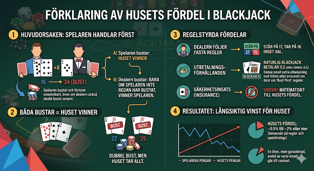 Husets fördel i blackjack – varför spelaren förlorar, regler för dealer och sannolikhet att vinna