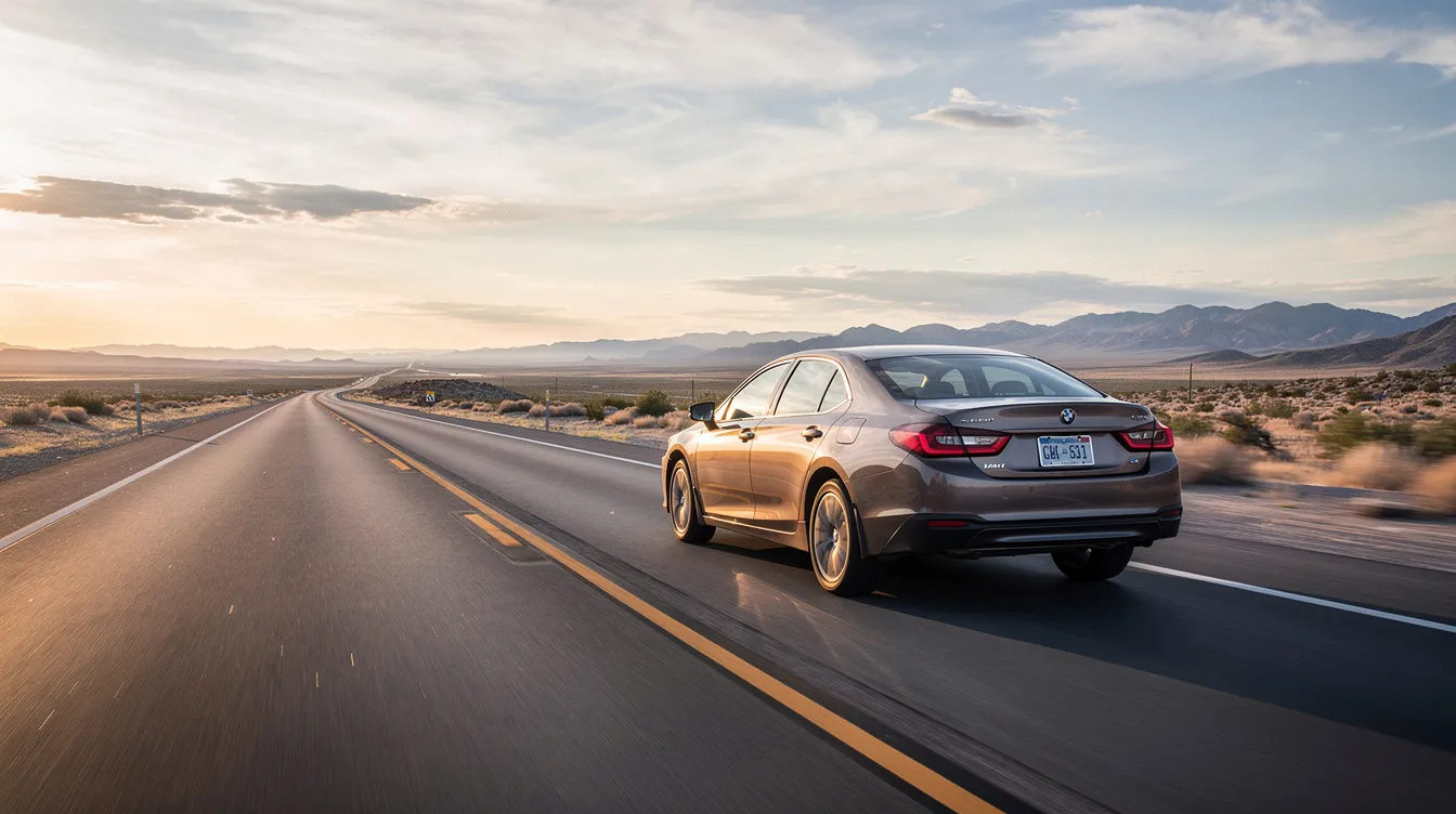 Une voiture de location est garée sur une route panoramique américaine, entourée de paysages naturels majestueux. Cette image évoque l'idée d'un trajet agréable et d'aventures en voyage, tout en rappelant l'importance de vérifier les frais d'abandon lors de la restitution du véhicule.