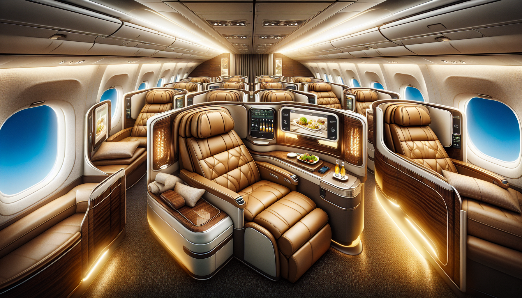 An illustration depicting the luxurious first class cabin of the Boeing 777.