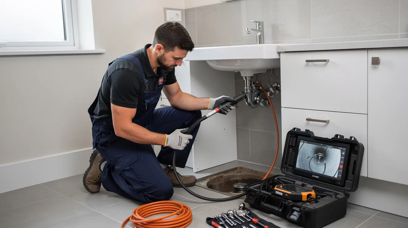 A professional plumber is inspecting a residential drain using advanced tools and video inspection technology to identify potential plumbing issues and stubborn clogs. This expert drain cleaning service aims to restore proper flow in the plumbing system while providing targeted solutions for Tacoma homeowners facing drain problems.