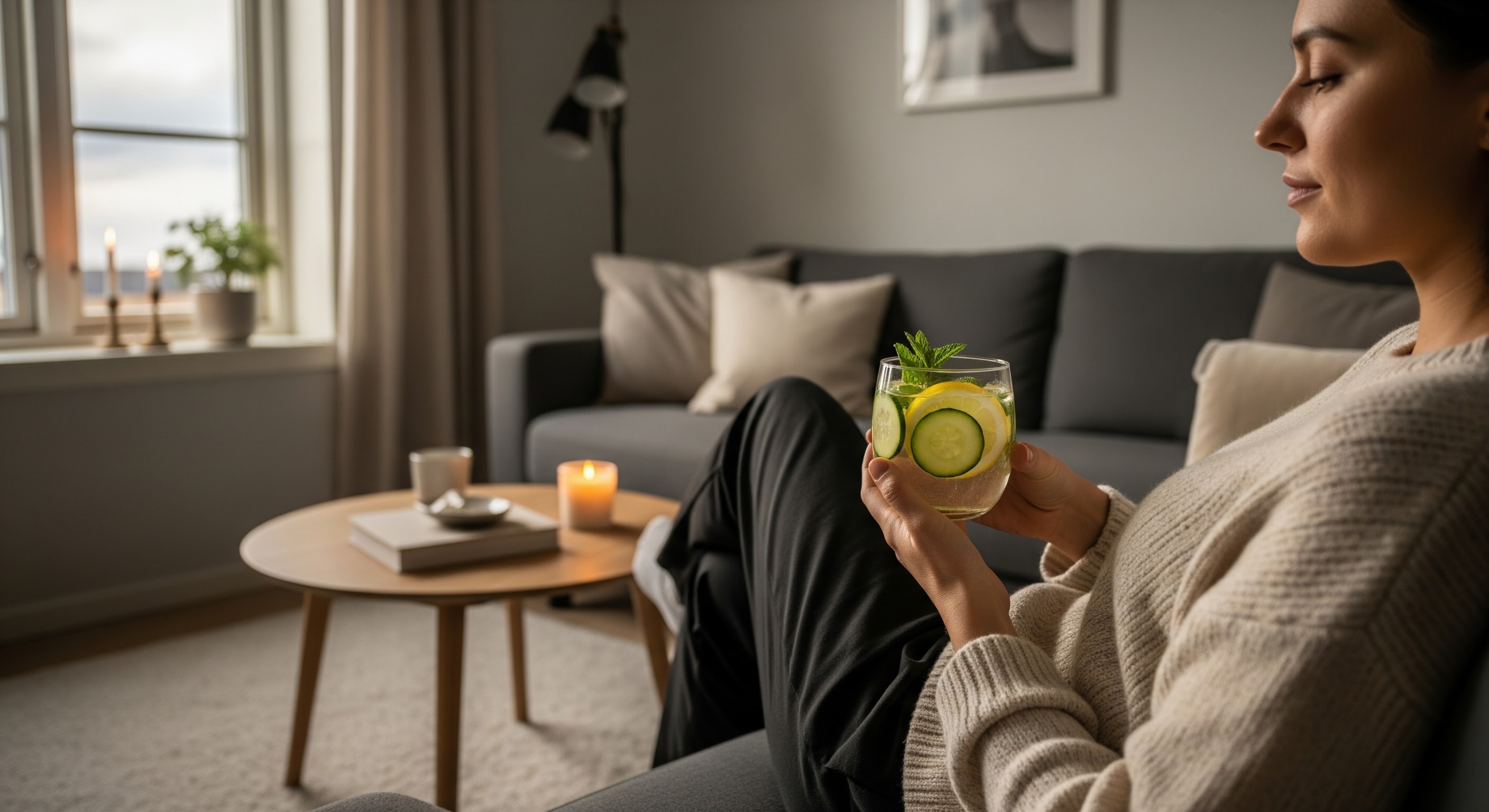 calm person relaxing at home with a clear infused drink, cozy minimal living room, soft ambient light