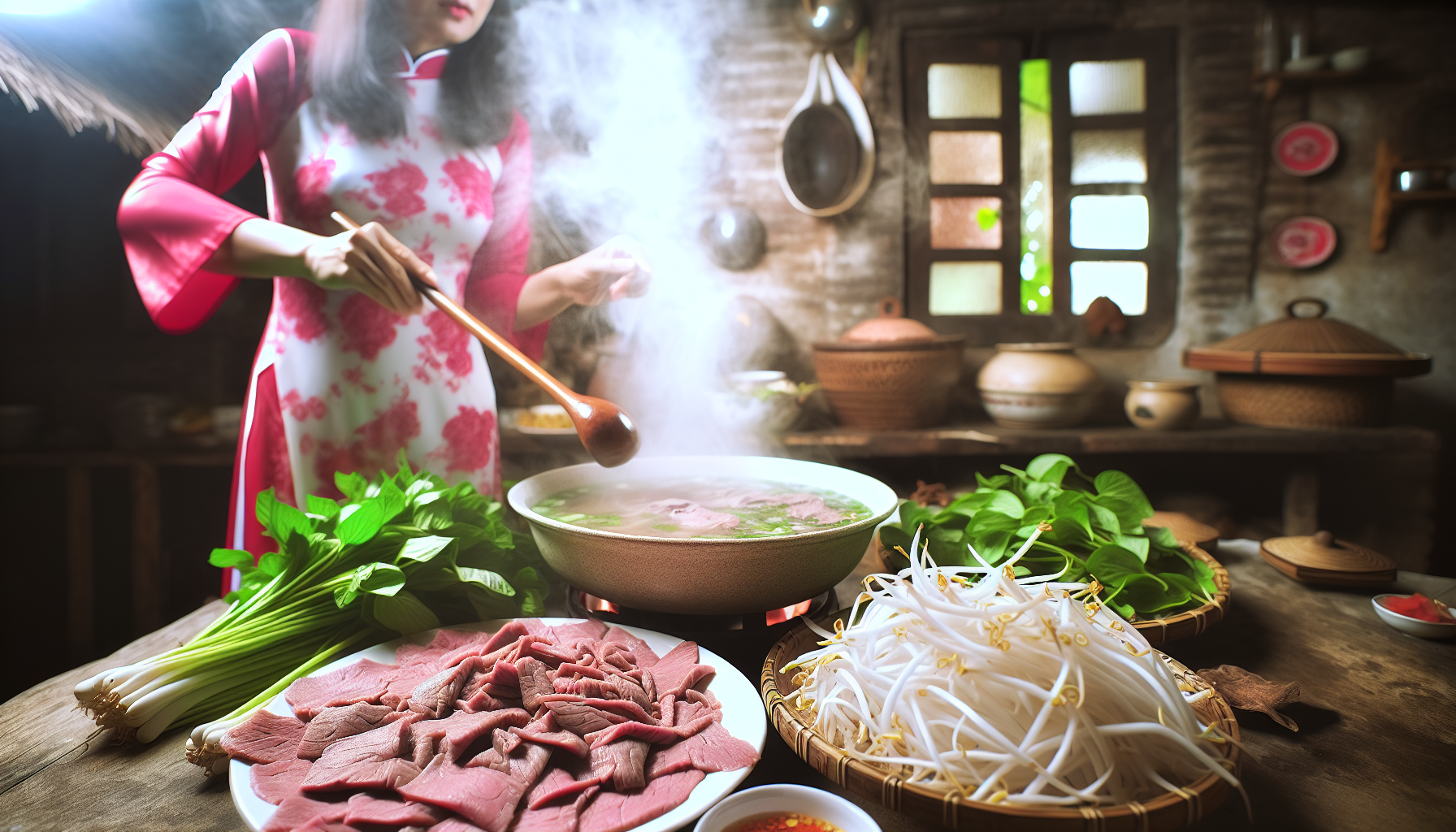 Preparation of traditional beef pho with simmering broth and garnishes