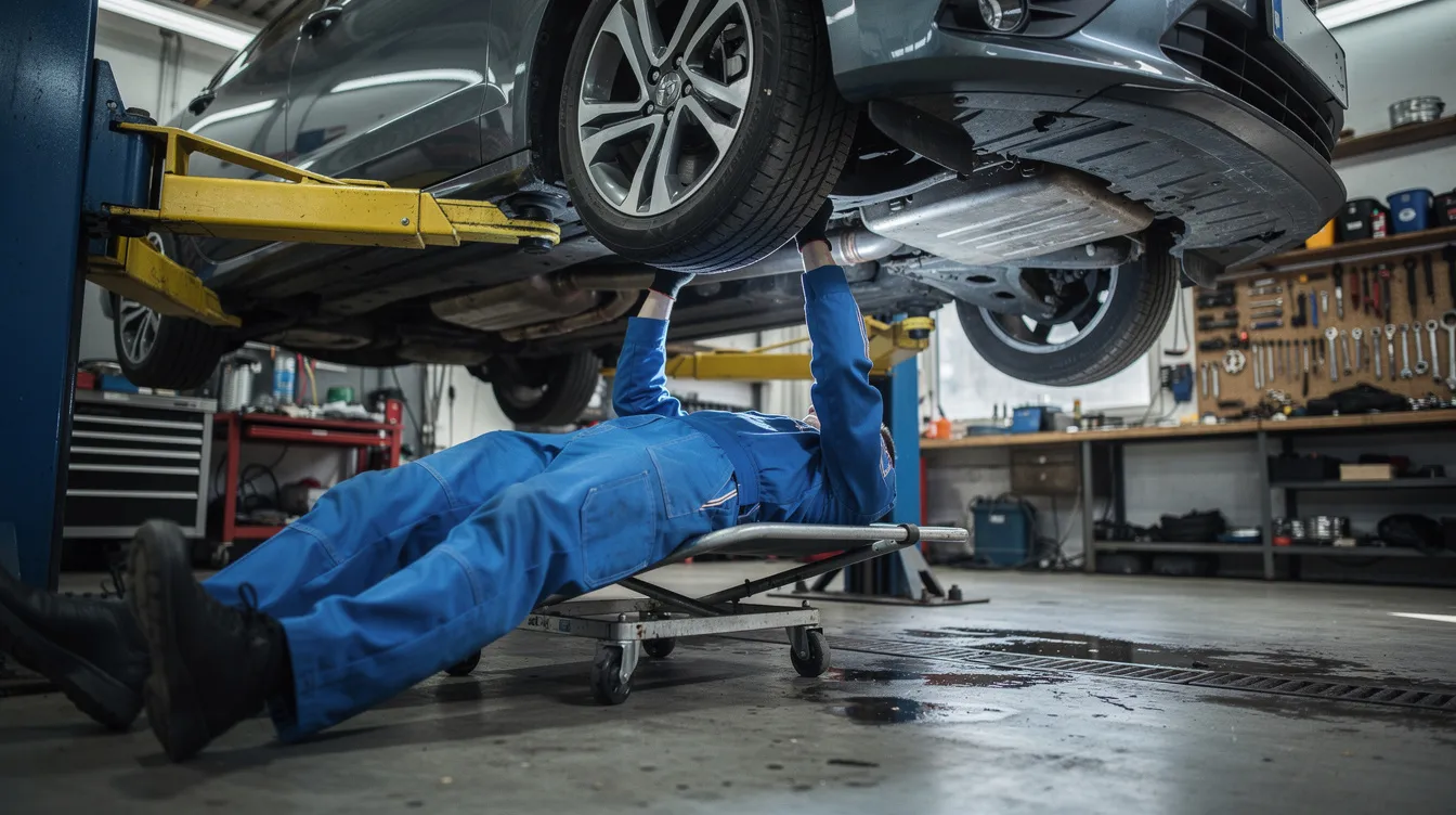 A mechanic in a blue uniform is working underneath a car that is elevated on a hydraulic lift, focusing on the vehicle's engine and electrical systems. This scene represents the hands-on services provided at an auto repair shop, where technicians perform essential car repairs and maintenance.