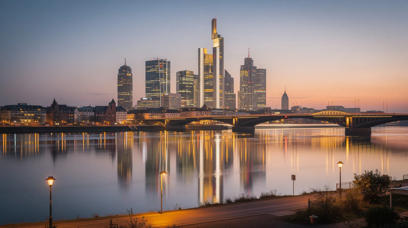 Ein Panoramablick auf die beeindruckende Skyline von Frankfurt am Main in der Abenddämmerung, wo warmes Licht sich sanft auf dem Main spiegelt und die Brücken sowie Hochhäuser eine markante Silhouette bilden. Diese Szene vermittelt die Atmosphäre der Stadt und könnte perfekt für eine hochwertige Videoproduktion von muthmedia GmbH sein.