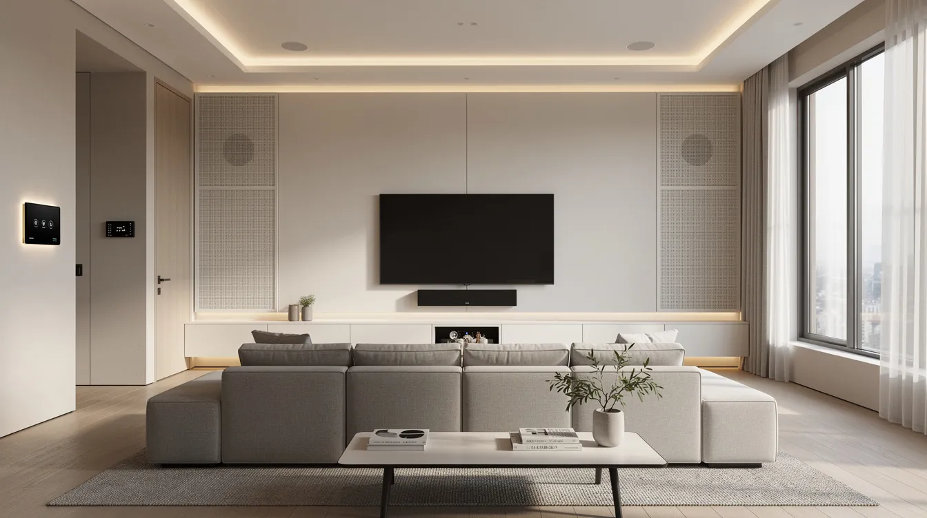 The image depicts a modern living room featuring hidden speakers and a sleek, subtle smart home control panel, showcasing the integration of smart home technology for enhanced convenience and energy efficiency. This space illustrates the seamless integration of smart devices, providing homeowners with control over their home systems and enhancing daily operations.