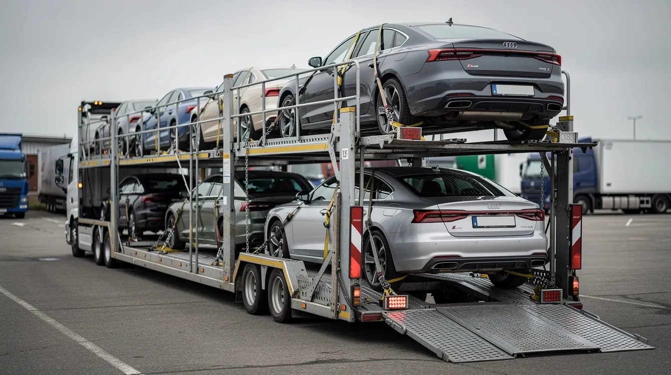 An open transport trailer is shown, featuring multiple vehicles securely strapped for shipping, showcasing the car shipping process. This image highlights the efficiency of a reputable auto transport company, ensuring vehicles are safely prepared for their journey.