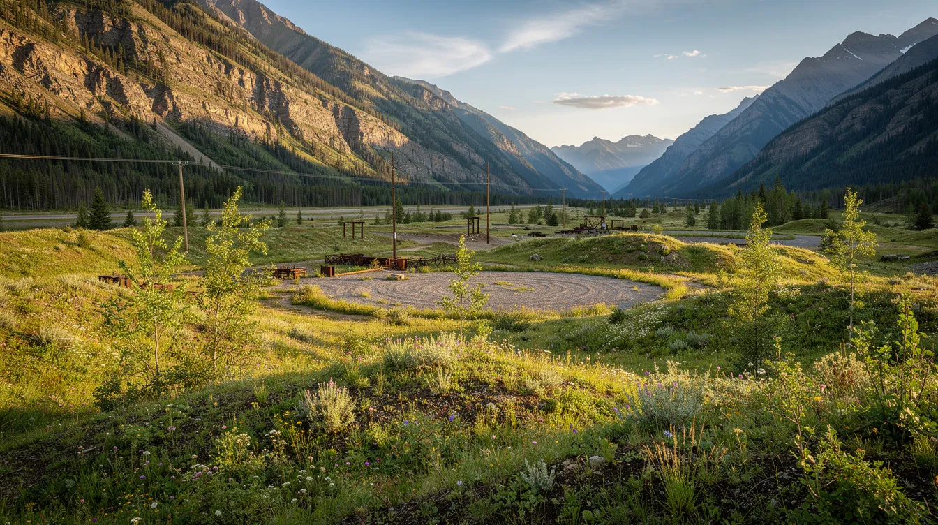 The image depicts a lush, reclaimed area with natural vegetation flourishing near a former drilling site nestled in a mountain valley, highlighting the potential for environmental recovery after oil and gas operations. This revitalized landscape serves as a reminder of the importance of responsible mineral rights management and the need for legal services to address environmental concerns related to the oil and gas industry.