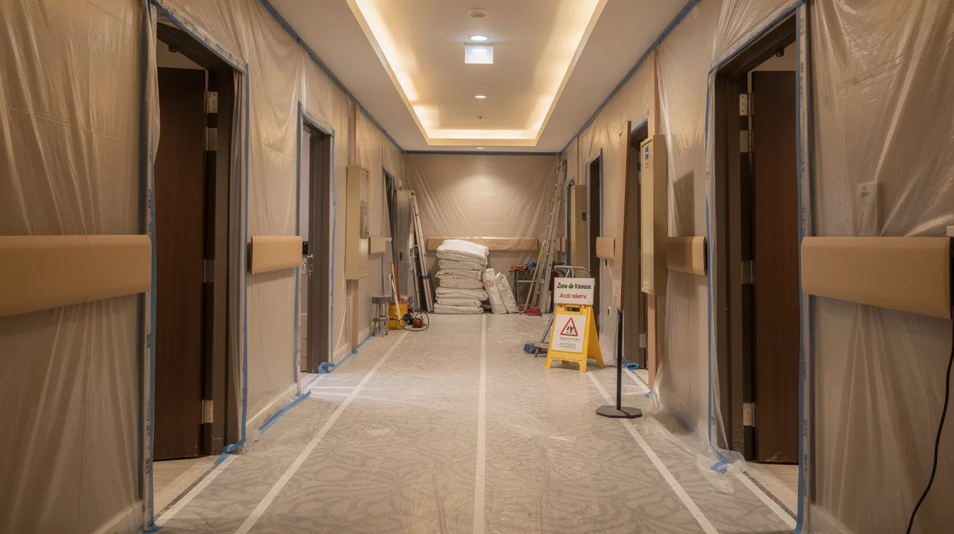 Un couloir d'hôtel est recouvert d'un film de protection pour moquettes, afin de préserver les sols durant les travaux de rénovation. Des barrières de sécurité sont également mises en place pour garantir la sécurité des passants dans cet espace de chantier.
