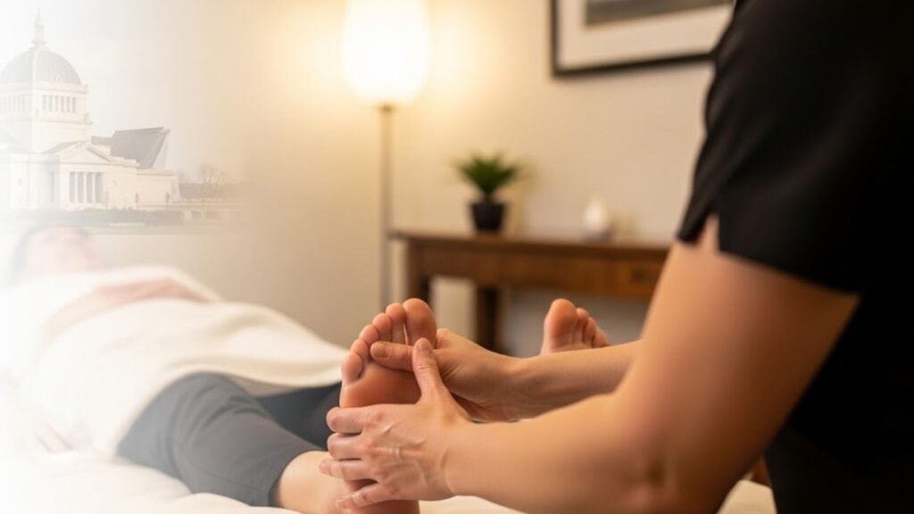 Podiatrist gently examining a patient’s feet in a clinic to relieve toe pain at night