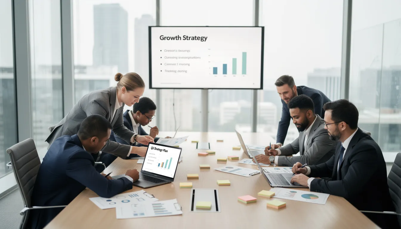 A group of business professionals is collaborating in a modern meeting room, discussing strategy documents related to environmental consulting and leveraging AI tools to enhance decision-making and address sustainability challenges. The atmosphere is focused and dynamic, reflecting the critical role of data analysis in navigating complex environmental impacts.