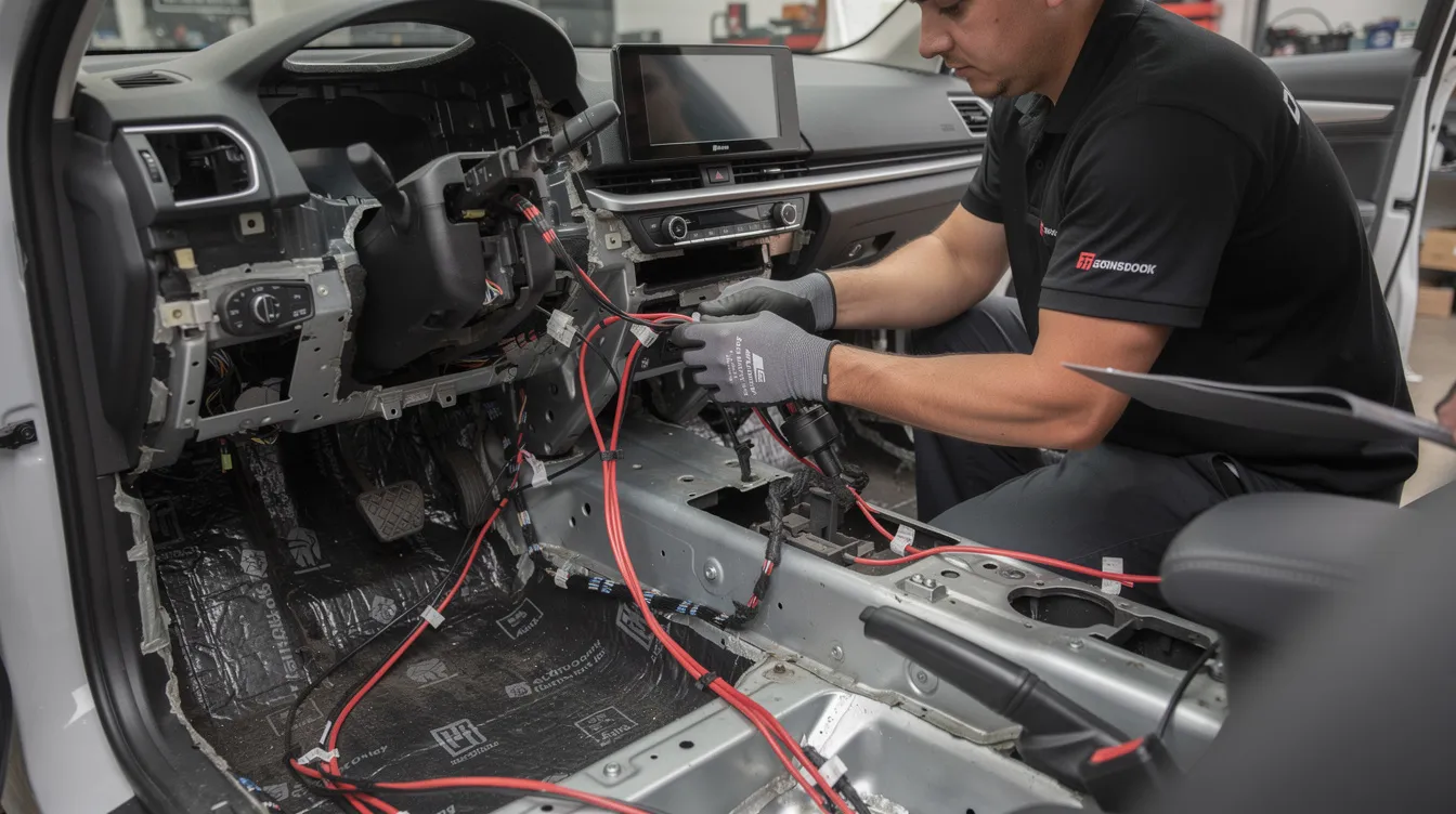 An installer is routing RCA cables and other audio wires inside a vehicle's interior, with the trim removed to access the components. The image captures the meticulous placement of power cables, ground wires, and speaker wires, essential for a well-functioning audio system, while highlighting the potential for ground loop problems and alternator noise interference.