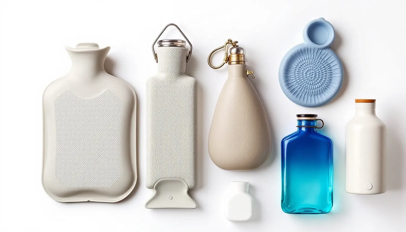The image showcases various types of hot water bottles, including traditional rubber ones and modern fabric-covered designs, all of which can be used to help with constipation by providing soothing warmth to the digestive tract. These hot water bottles can aid in relieving symptoms associated with irritable bowel syndrome and promote regular bowel movements.