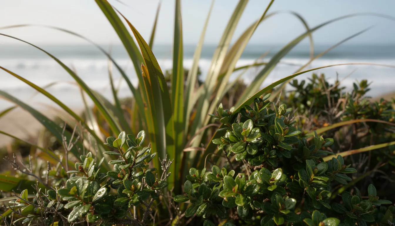 A close-up view of coastal native shrubs, including flax and coprosma, showcases the vibrant textures and colors of these hardy plants, with the shimmering sea in the background. This outdoor space in the Wellington region highlights the beauty of native plants that thrive in coastal landscaping.
