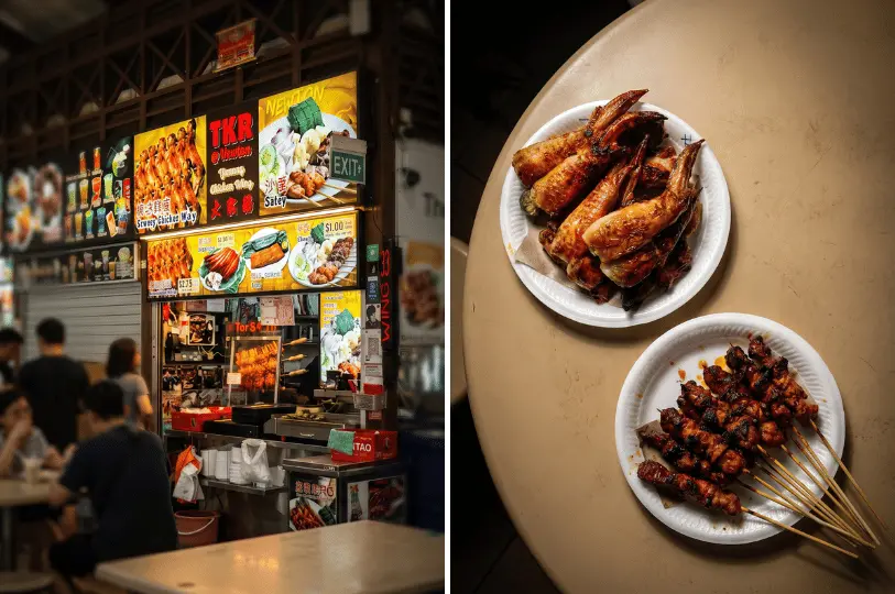 Split-screen image showing the bright yellow signage of the TKR BBQ Chicken Wing and Satay stall, next to an overhead view of grilled chicken wings and skewered satay served on white paper plates.