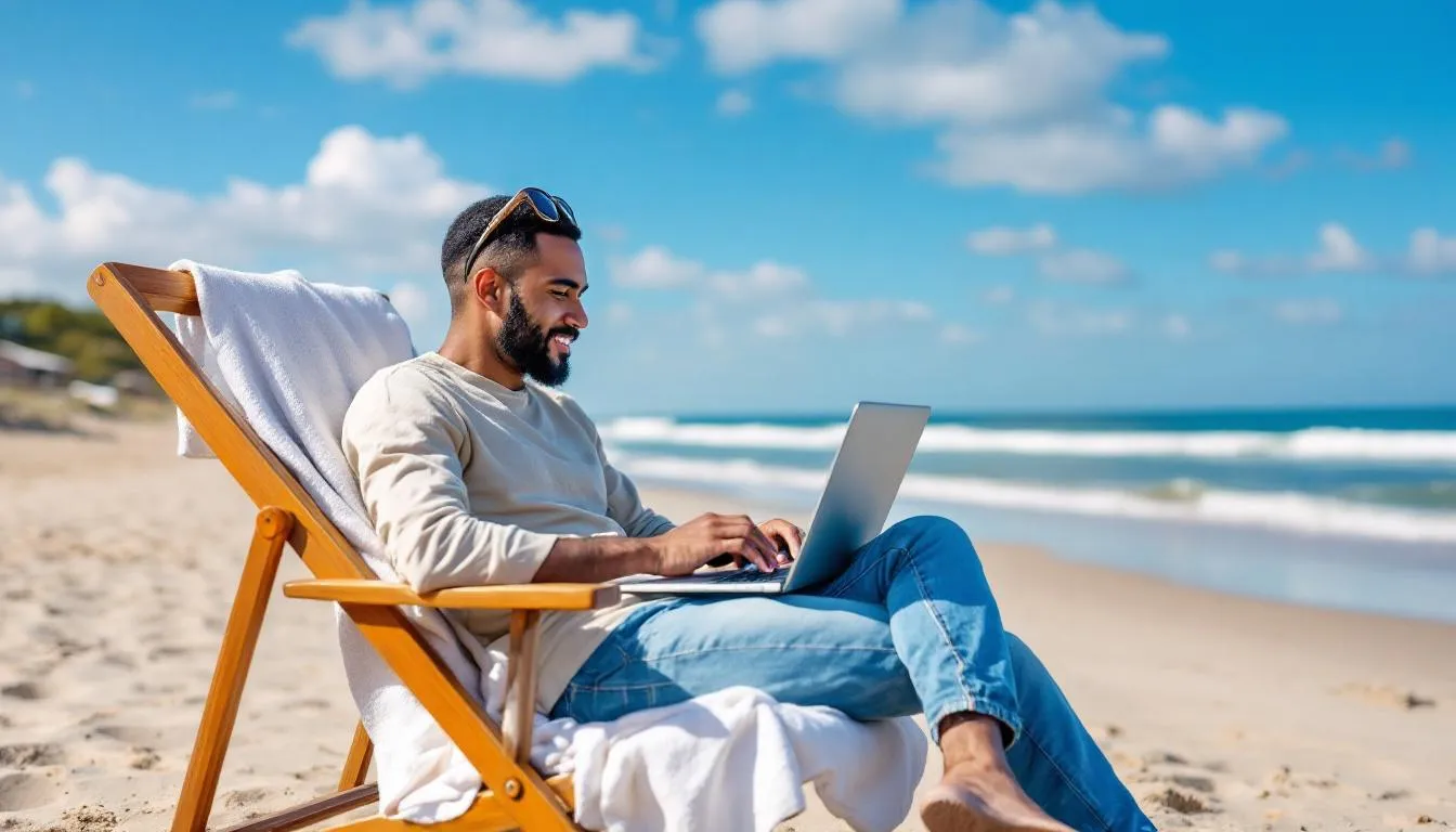 Ein Arbeitnehmer sitzt mit einem Laptop am Strand, umgeben von Sand und Meer, während er an seinen E-Mails arbeitet. Diese Workation im Ausland symbolisiert die Flexibilität und Vorteile des Arbeitens von überall, was eine moderne Arbeitswelt ermöglicht.
