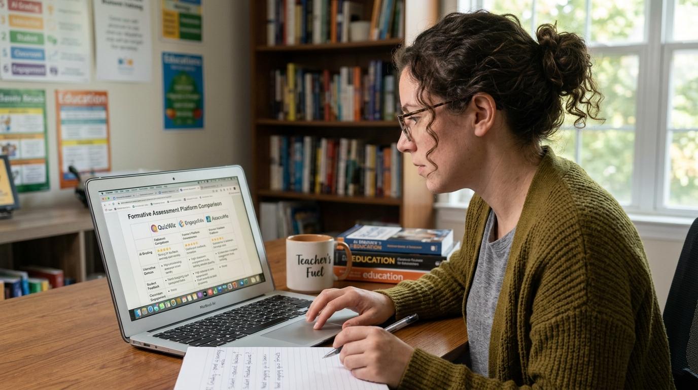 Educator comparing multiple formative assessment platforms on a laptop, evaluating AI grading, interactive quizzes, student feedback, and classroom engagement features