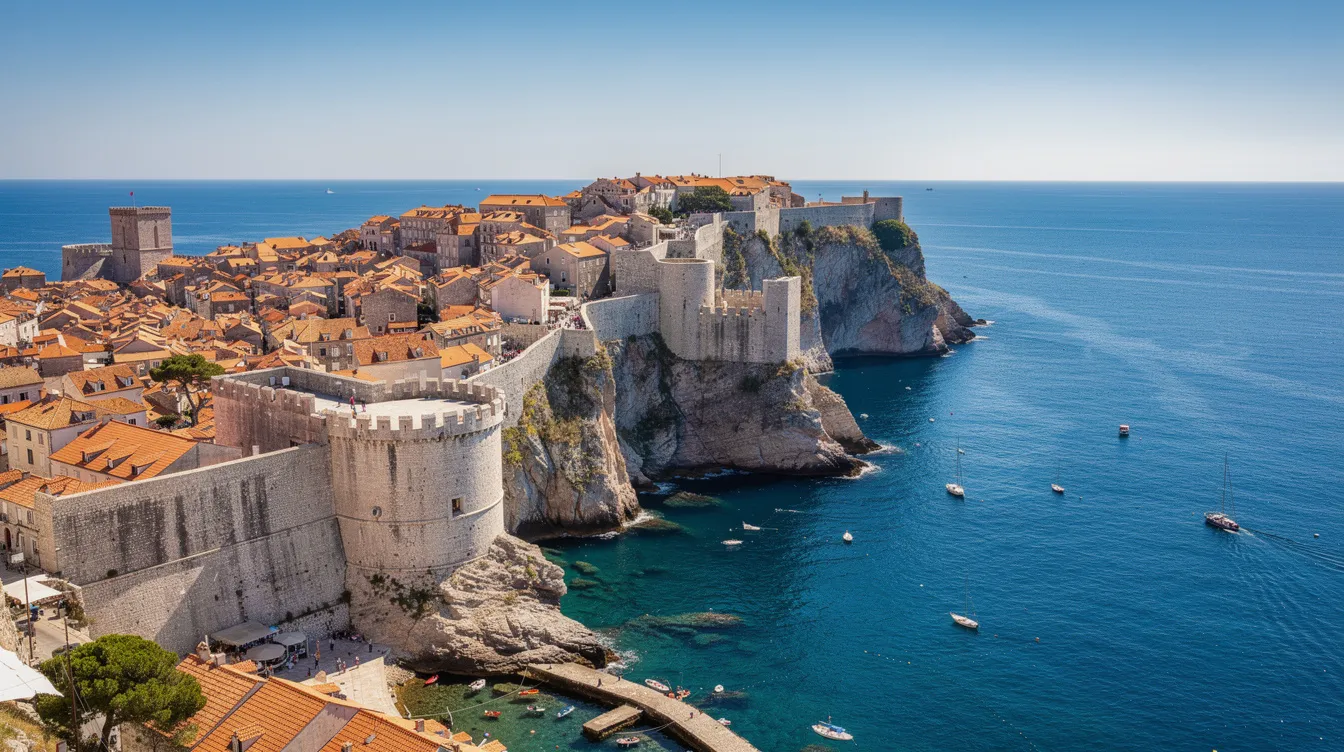 A imagem mostra uma vista panorâmica de uma cidade costeira na Croácia, destacando suas muralhas medievais que cercam a área, enquanto o mar azul cristalino se estende ao fundo. A combinação da arquitetura histórica com o clima mediterrâneo cria uma paisagem deslumbrante e convidativa.