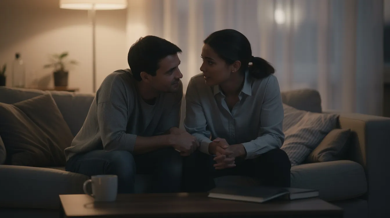 The image captures an intimate moment between two people sitting closely on a couch, deeply engaged in conversation, exploring their emotional connection and discussing aspects like values, expectations, and spiritual beliefs. This setting suggests a comfortable space for open communication, perfect for navigating the complexities of relationships and romantic compatibility.