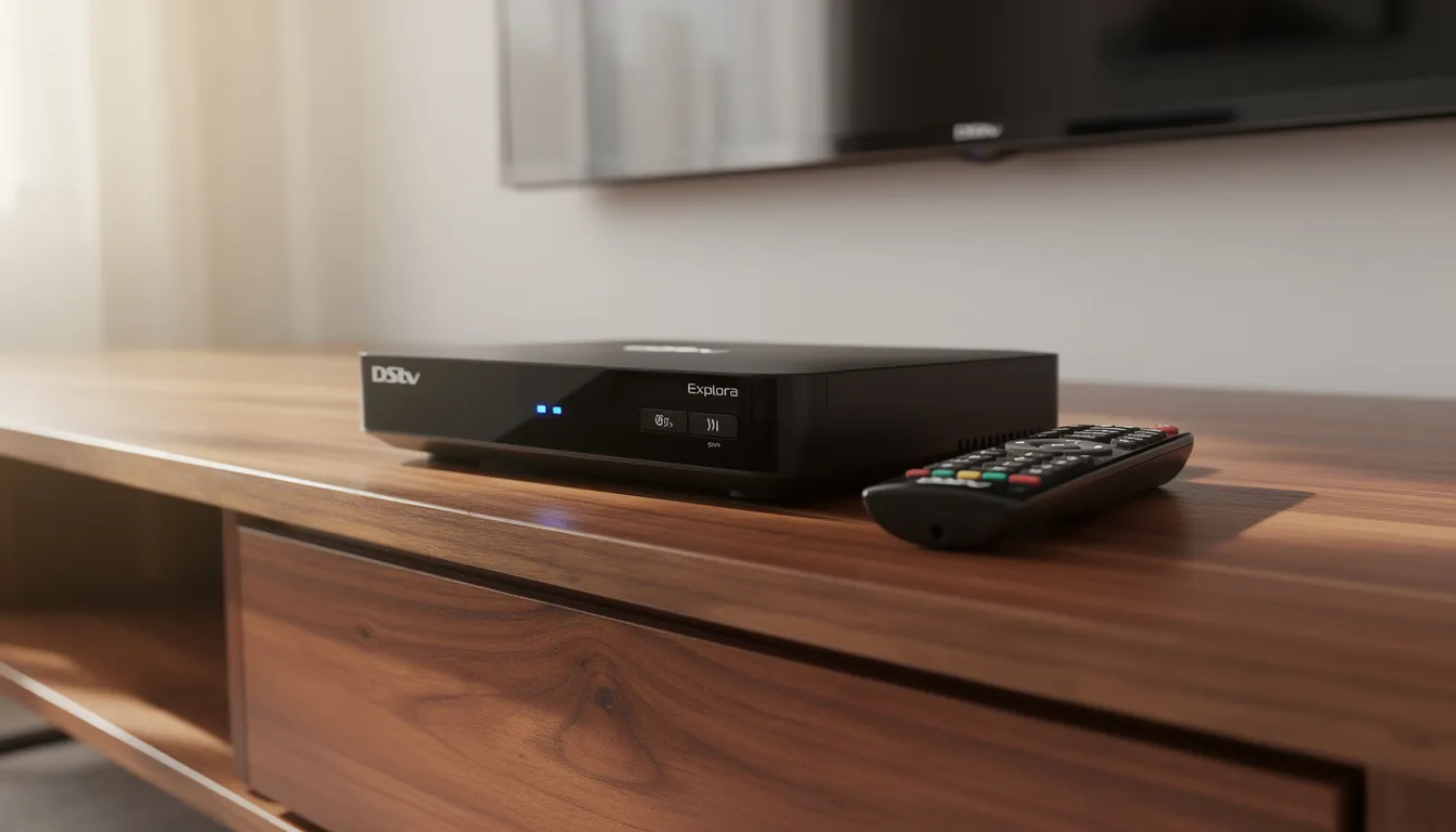 The image shows a DStv Explora decoder placed on a wooden TV cabinet, accompanied by a remote control. This setup represents a typical viewing area for enjoying multichoice channels, highlighting the importance of professional DStv installation services for optimal performance.