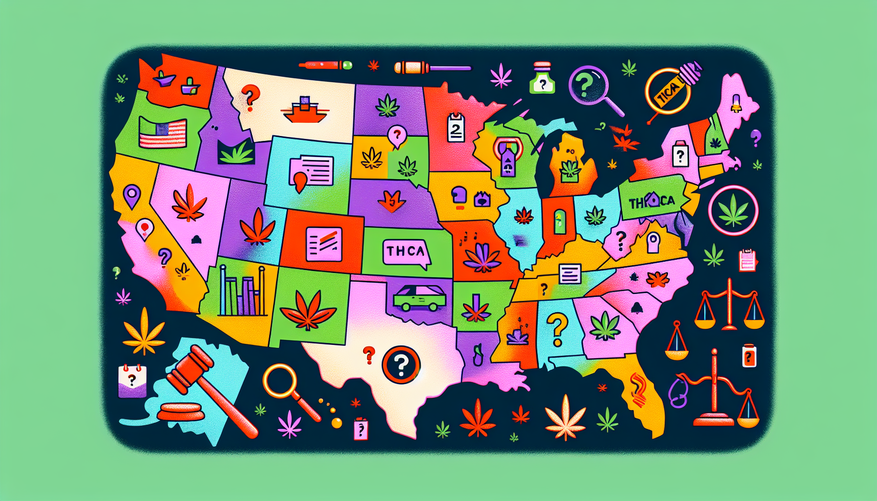 An illustration summarizing the legal status of THCA across different regions.