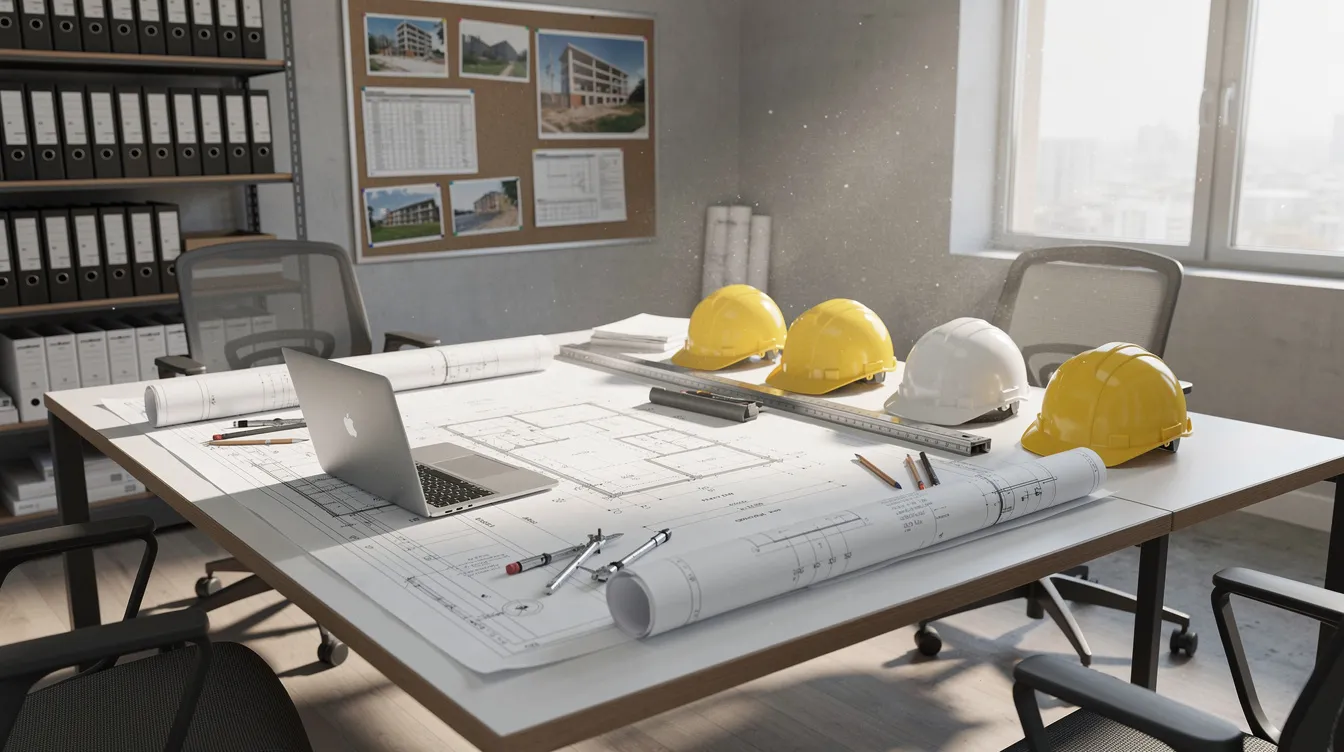 The image depicts a construction office interior featuring a large table covered with blueprints, a laptop computer, and hard hats, creating a workspace conducive to managing complex construction projects and joint ventures. This setting reflects the collaborative efforts of construction professionals and the importance of planning in successful joint ventures.
