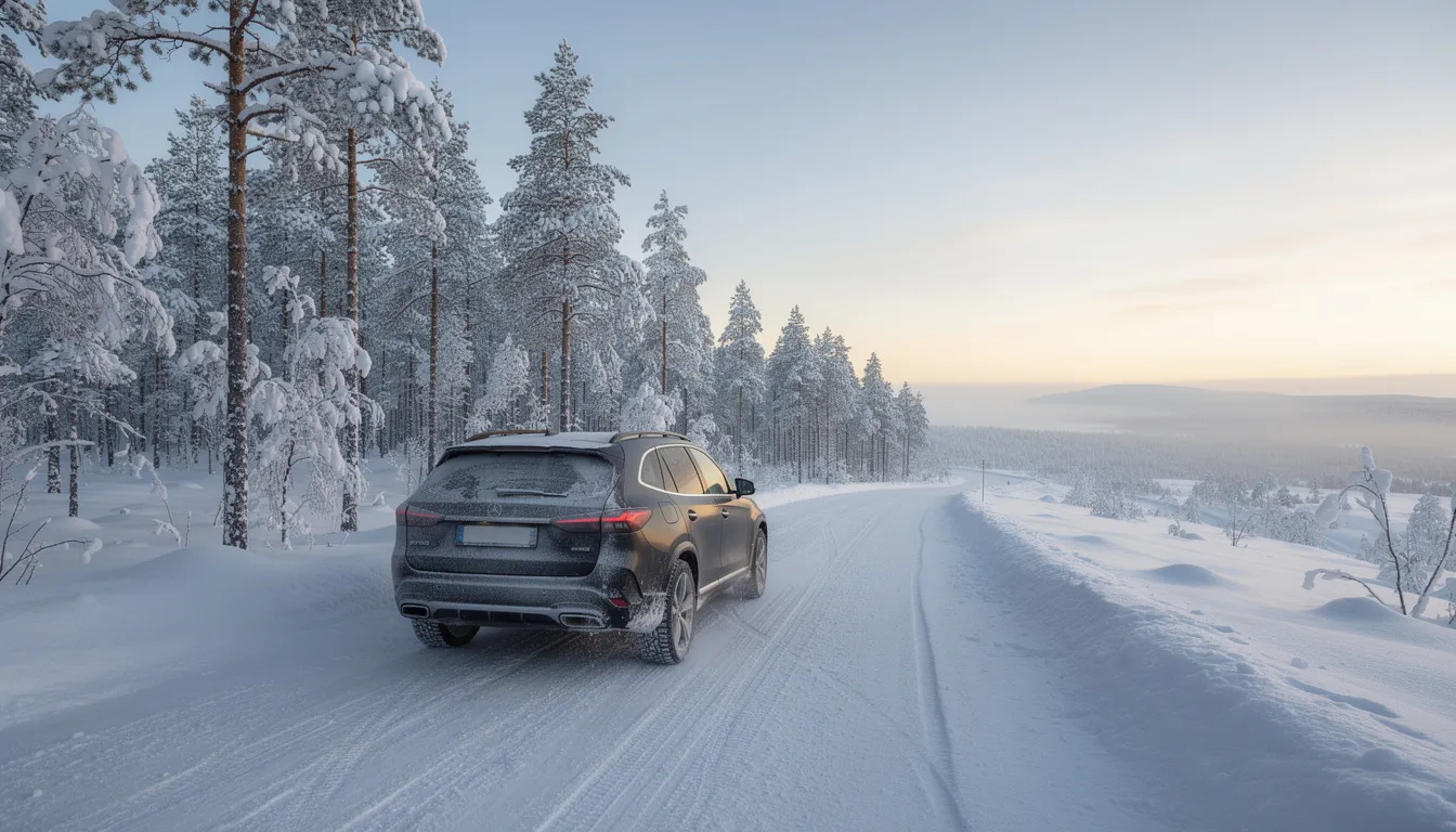 Un SUV roule sur une route enneigée dans le Grand Nord de la Suède, entouré de pins recouverts de neige. Cette scène évoque une aventure hivernale dans un paysage naturel magnifique, idéal pour ceux qui envisagent de louer une voiture pour explorer la Suède.