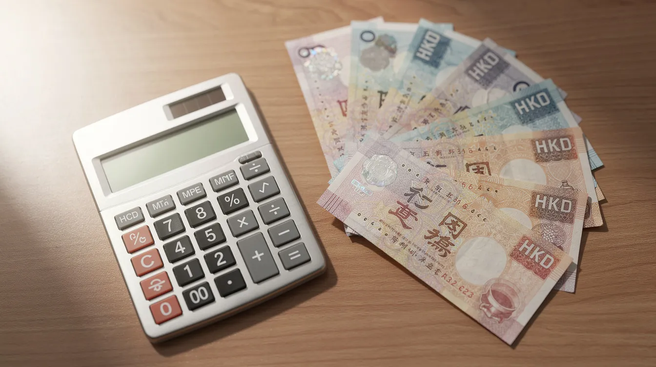 The image shows a calculator placed next to Hong Kong dollar banknotes on a wooden desk, suggesting a financial context related to loan calculations. This setting may be relevant for public servants and professionals considering low-interest loans or loan applications.