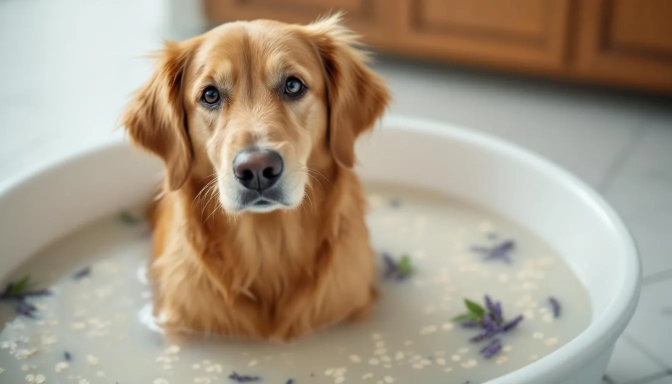 A dog is enjoying an oatmeal bath, surrounded by gentle, natural ingredients that promote skin health. This soothing treatment aims to alleviate dry skin and flaky skin, providing relief from itchy skin and potential skin infections.