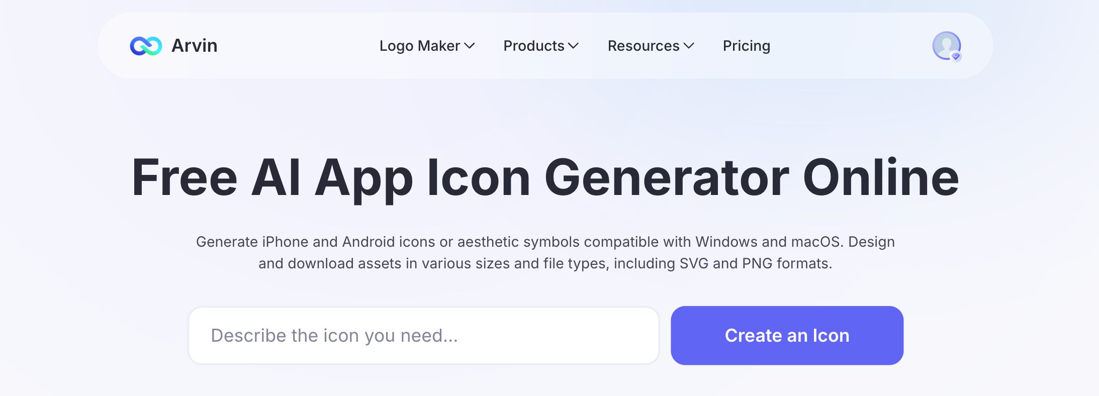 Arvin AI App Icon Generator homepage highlighting its free online tool for creating customizable icons in PNG and SVG formats.