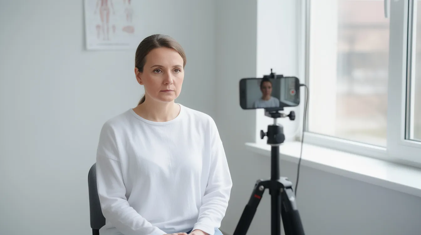 A patient is seated near a window, taking standardized facial recovery photos with a phone mounted on a tripod to document their healing process after undergoing upper blepharoplasty. The image captures the focus on their upper eyelids, showcasing the initial stages of eyelid surgery recovery, including any residual swelling and the natural eyelid crease.