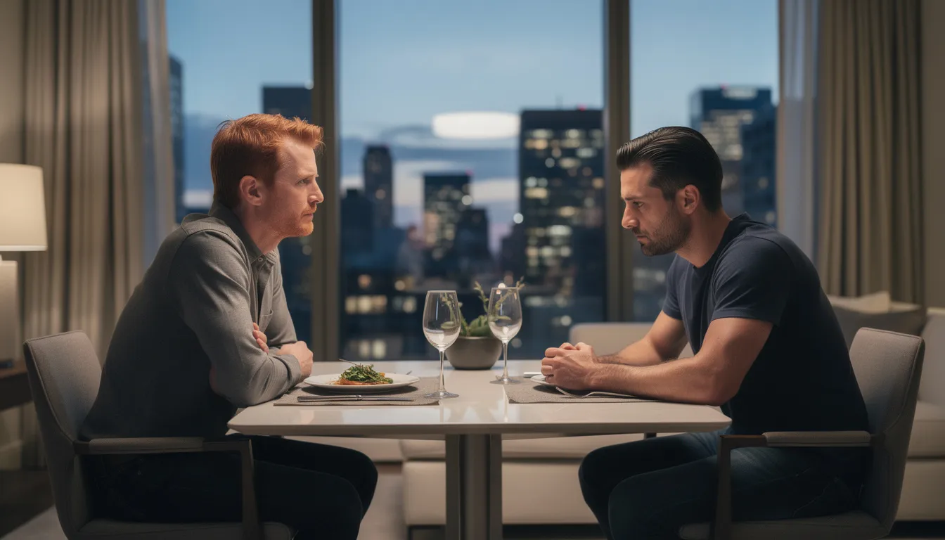 A realistic documentary-style photograph captures a romantic gay male couple in their late 30s sitting across from each other at a dining table in a luxury Manhattan apartment. The red-haired partner displays subtle dismissiveness through his body language and facial expression, while the dark-haired partner appears hurt and withdrawn, creating a palpable tension amidst the modern, neutral interior and city skyline visible through the window.
