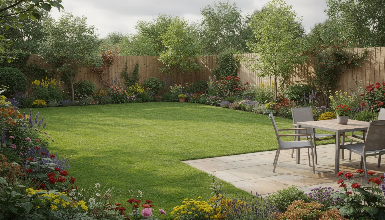 The image features a lush green lawn in a typical UK back garden, surrounded by vibrant colourful borders and a well-maintained patio area. This beautiful lawn exemplifies the results of regular lawn care services, showcasing a healthy and thriving grass lawn.