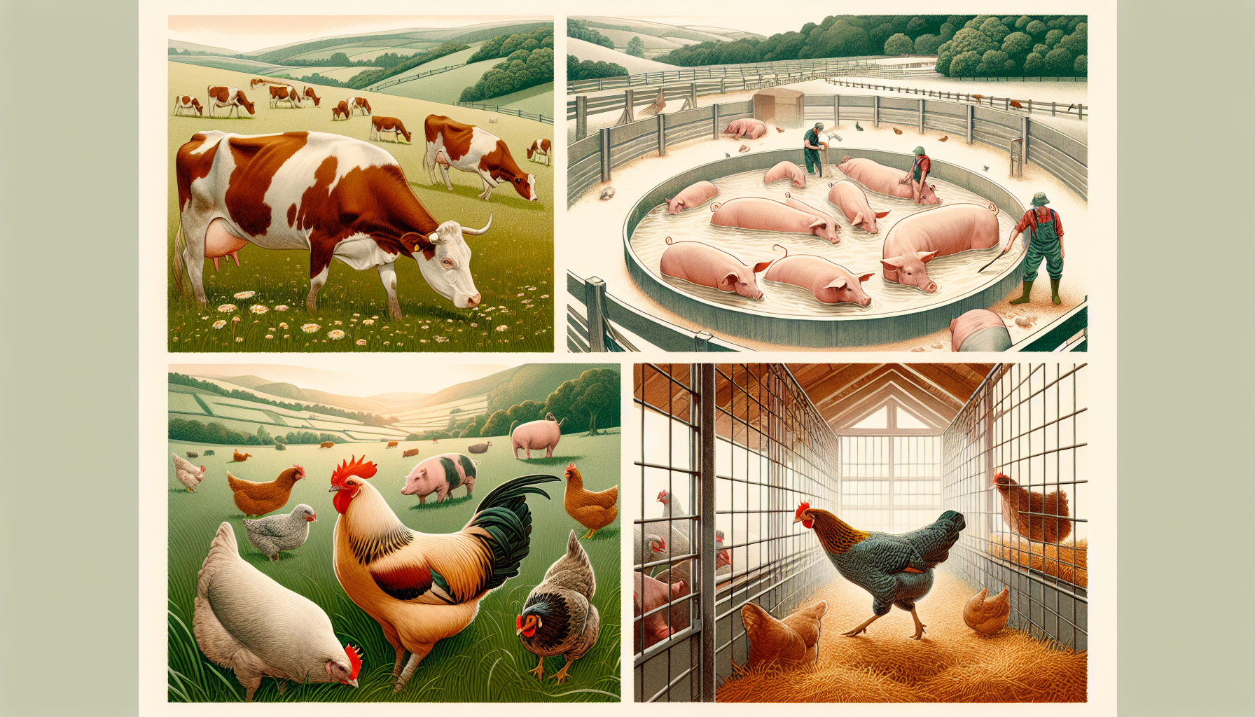 Illustration of agricultural animals in a humane setting