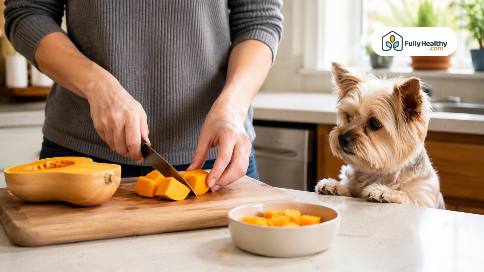 Small dog watching owner cut fresh squash cubes on kitchen counter