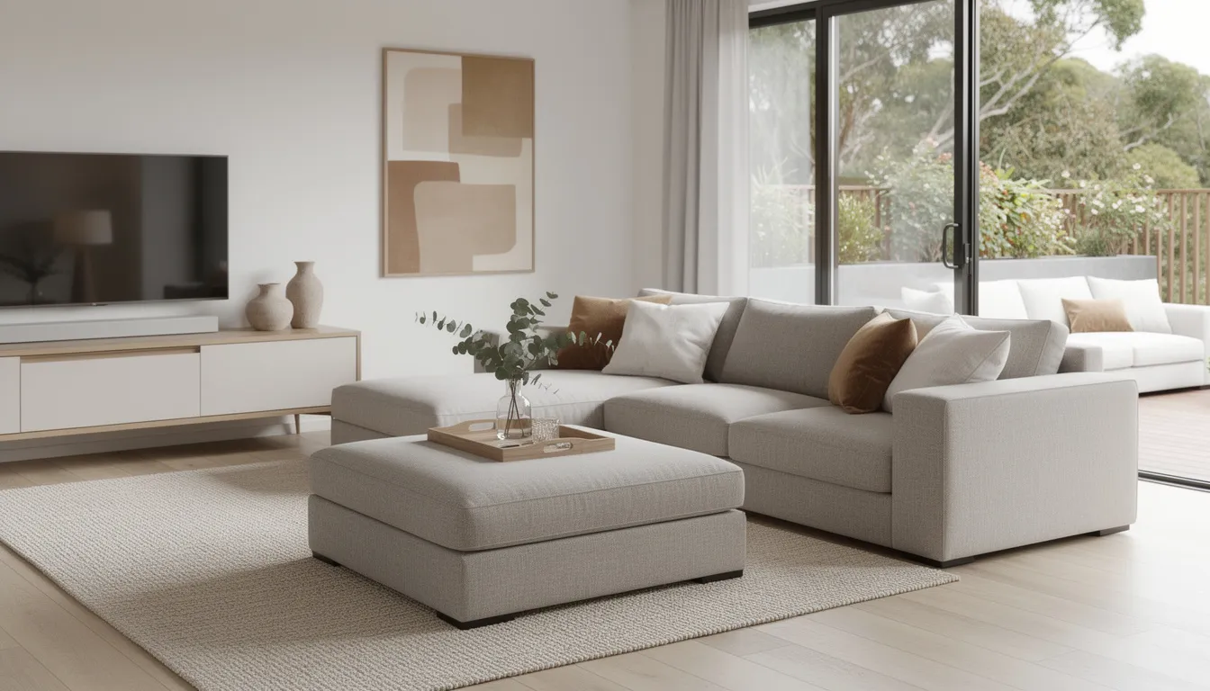 The image depicts a modern Australian living room featuring a stylish modular sofa and a storage ottoman in neutral tones, designed for space efficiency and multifunctional use. This inviting living space showcases smart solutions for busy families, maximising floor space while maintaining a clutter-free environment.