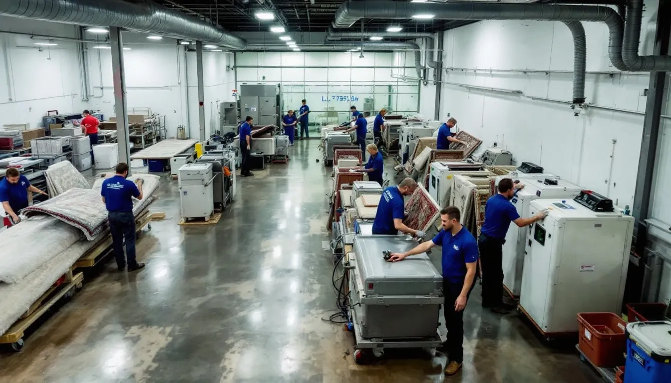 The image depicts a professional rug cleaning facility equipped with specialized cleaning equipment in a climate-controlled environment, ensuring optimal conditions for the care and restoration of area rugs, including delicate oriental rugs. The facility emphasizes excellent service with a team of trained employees dedicated to a thorough cleaning process and customer satisfaction.