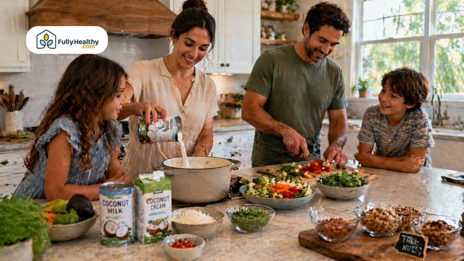 Family cooking with coconut milk while avoiding tree nuts in kitchen