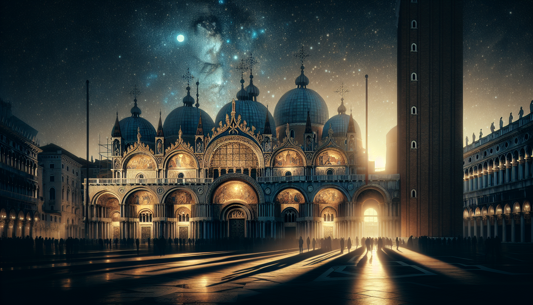 St. Mark's Basilica illuminated at night in Venice